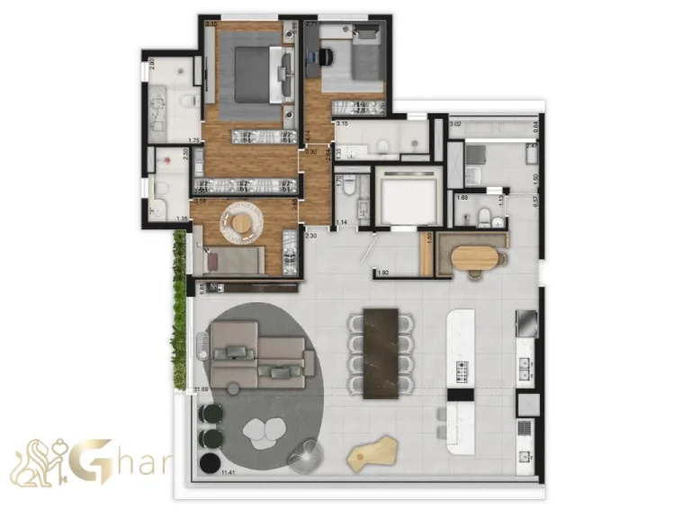 Planta apartamento 181 m² 3 dormitórios cozinha aberta Artesano Oscar Porto Paraíso São Paulo