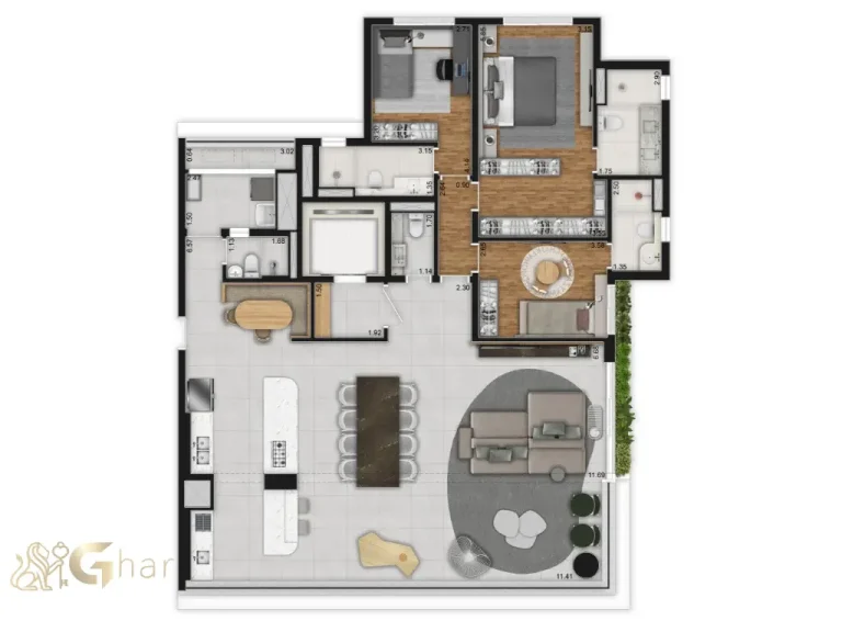 Apartamento 181 m² planta cozinha aberta Artesano Oscar Porto Paraíso São Paulo