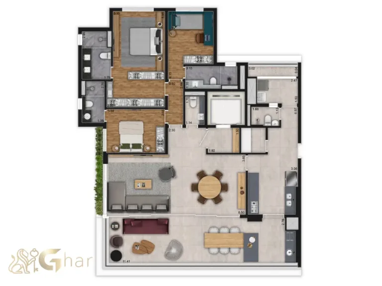 Planta apartamento 181 m² 3 dormitórios cozinha fechada Artesano Oscar Porto Paraíso São Paulo