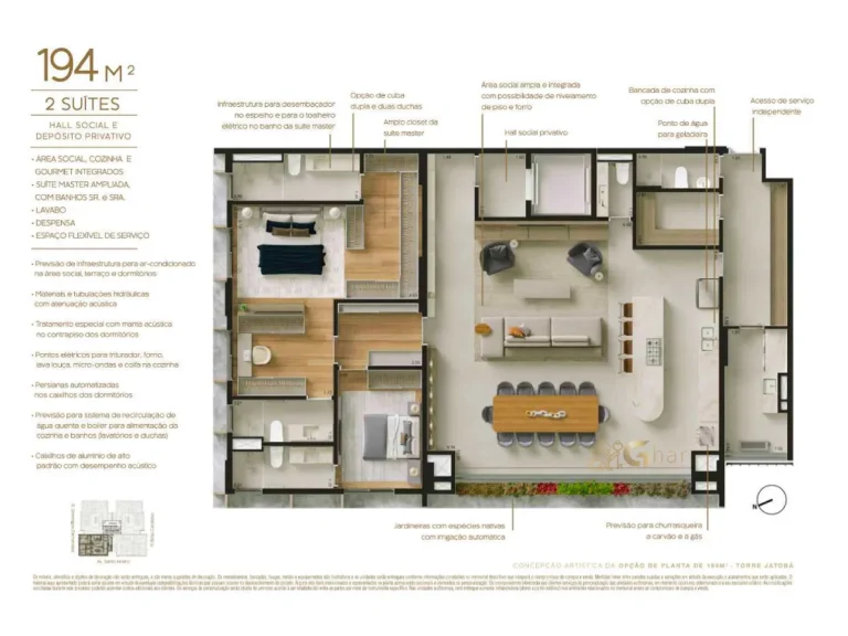 Planta apartamento 194 m² 2 suítes Bosque Vila Nova Conceição São Paulo