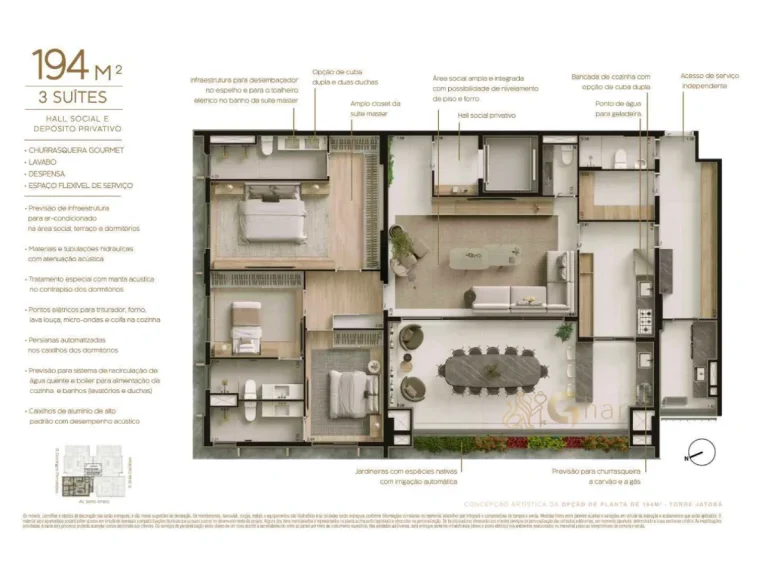 Planta apartamento 194 m² 3 suítes Bosque Vila Nova Conceição São Paulo