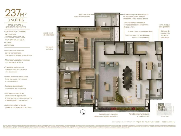Planta apartamento 237 m² 3 suítes Bosque Vila Nova Conceição São Paulo