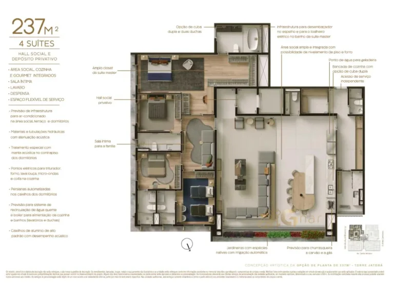 Planta apartamento 237 m² 4 suítes Bosque Vila Nova Conceição São Paulo