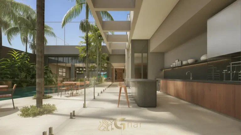 Bar da piscina do Edifício MAAM Paraíso com área de convivência