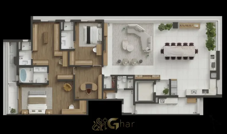 Planta do apartamento de 230 m² com 2 suítes e cozinha aberta no Edifício MAAM Paraíso