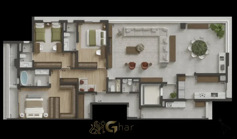 Planta do apartamento de 230 m² com 3 suítes e cozinha fechada no Edifício MAAM Paraíso