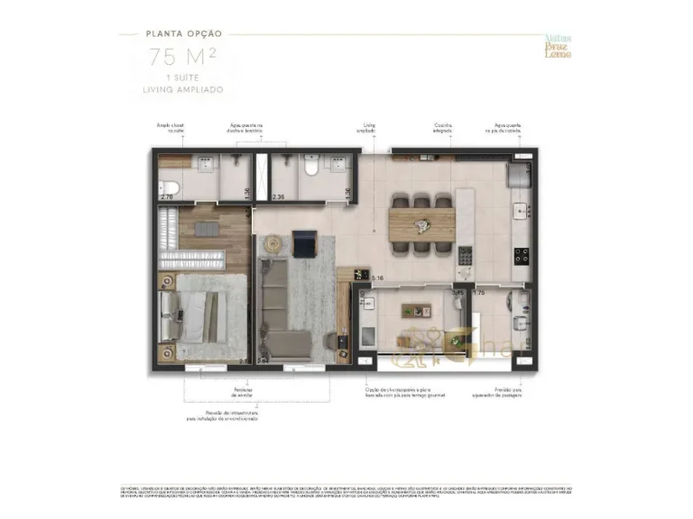 Planta apartamento 75 m² 1 suíte Natus Braz Leme Santana São Paulo