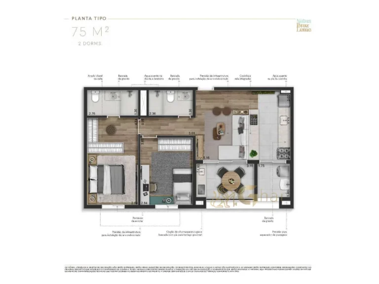 Planta apartamento 75 m² 2 dormitórios Natus Braz Leme Santana São Paulo
