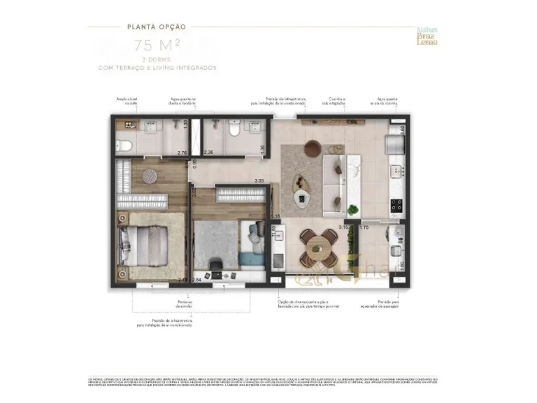 Apartamento 75 m² 2 dormitórios planta Natus Braz Leme Santana São Paulo
