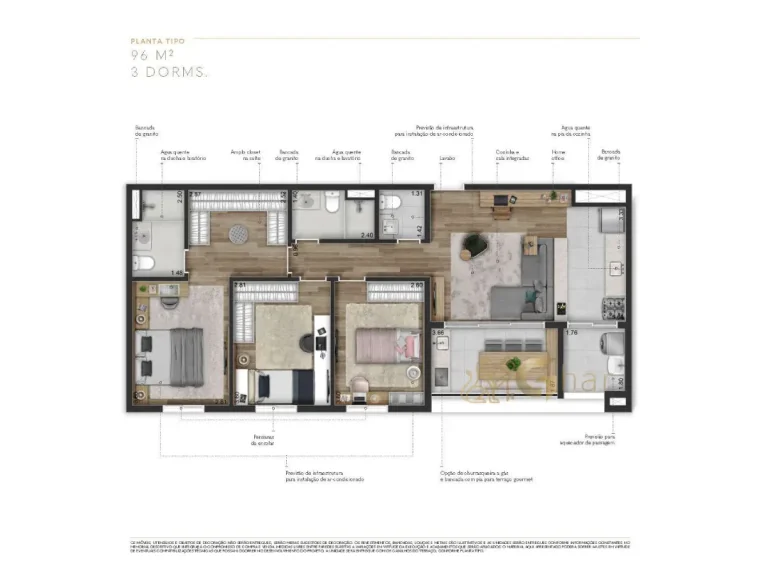 Planta apartamento 96 m² 3 dormitórios Natus Braz Leme Santana São Paulo