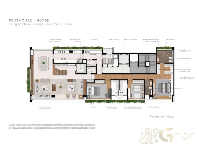 Planta cobertura 407 m² piso inferior Praça Faria Lima Vila Olímpia São Paulo