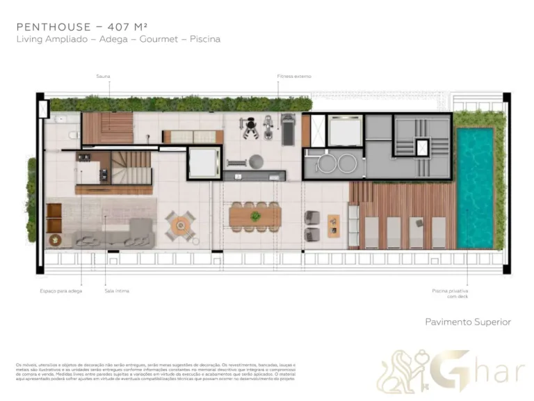 Planta cobertura 407 m² piso superior Praça Faria Lima Vila Olímpia São Paulo