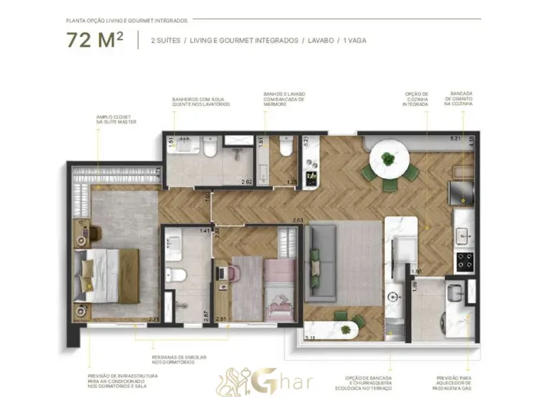 Planta apartamento 72 m² living gourmet integrados Sereno Jardim São Paulo