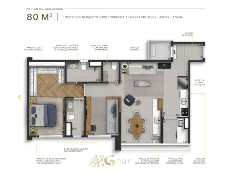 Planta apartamento 80 m² living ampliado Sereno Jardim São Paulo