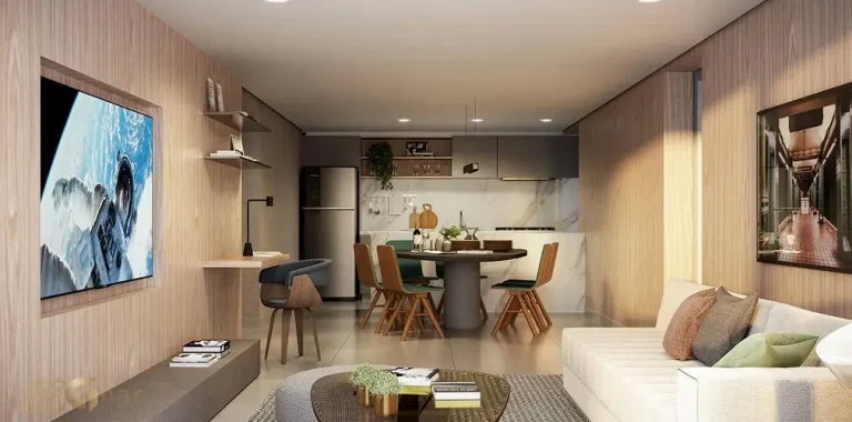 Living e cozinha decorados 128m² Sintonia Ibirapuera São Paulo