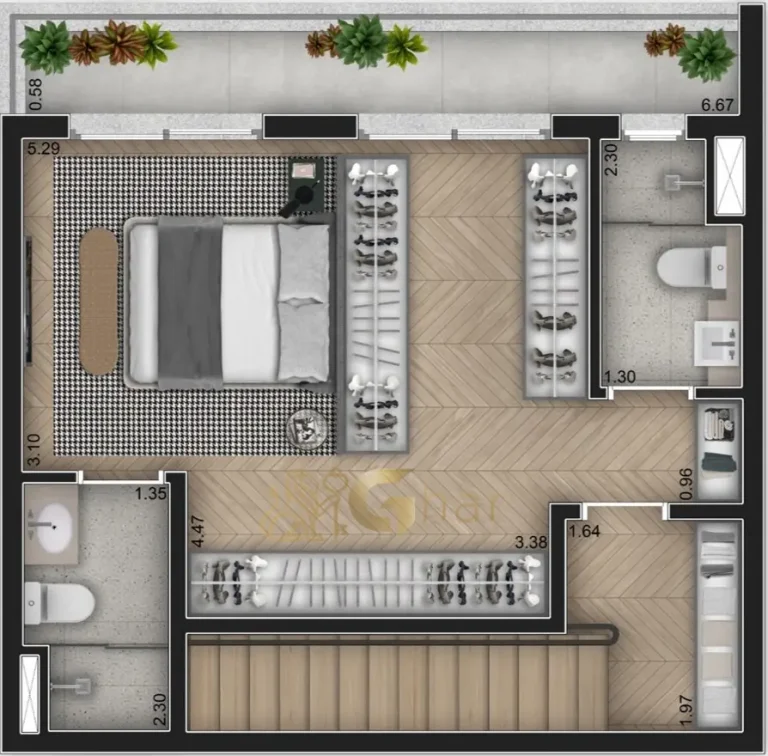 Planta duplex 85m² 1 suíte pavimento inferior Sintonia Ibirapuera