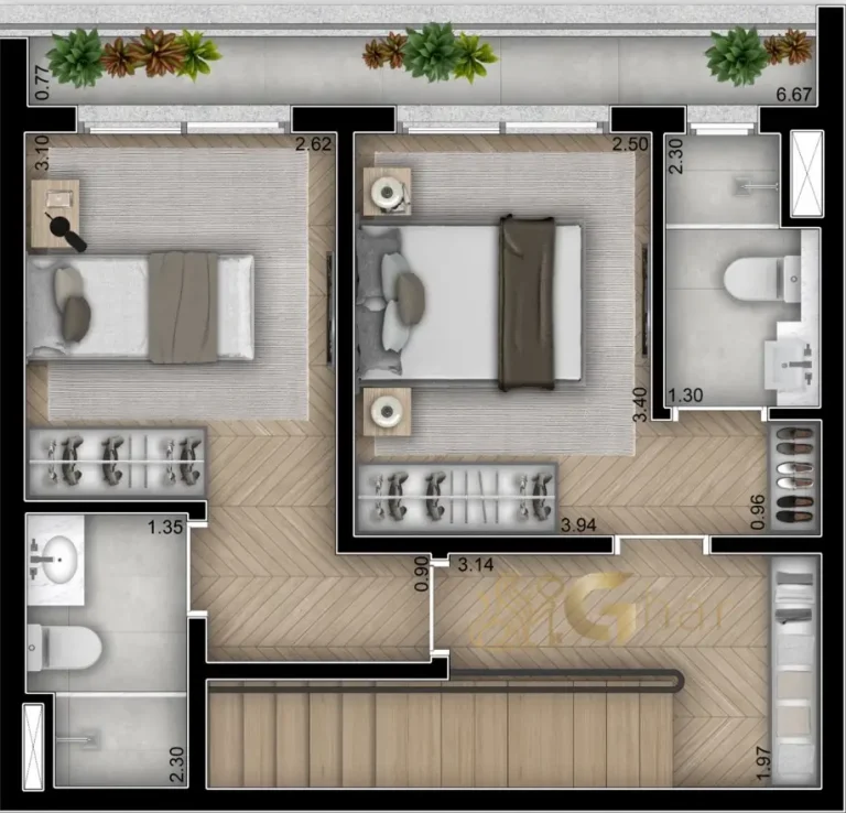 Planta duplex 93m² 2 suítes pavimento inferior Sintonia Ibirapuera