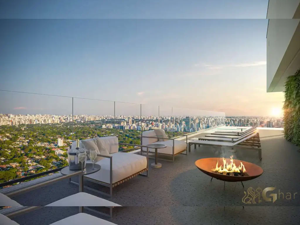 Sky Lounge com lareira Visar Jardim Europa rooftop
