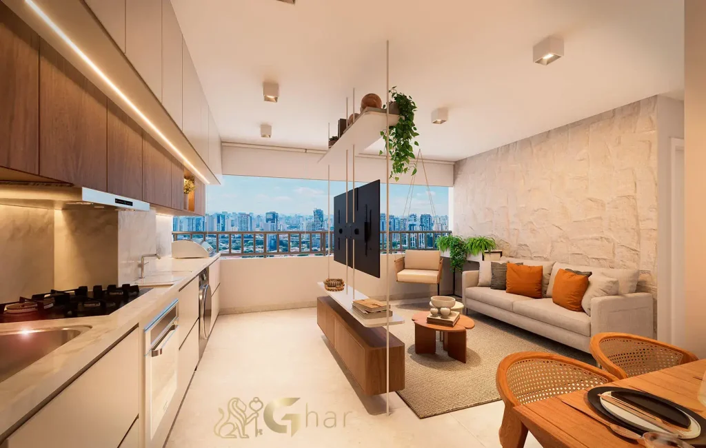 Apartamento decorado living com cozinha integrada no 011 Brooklin Residence São Paulo