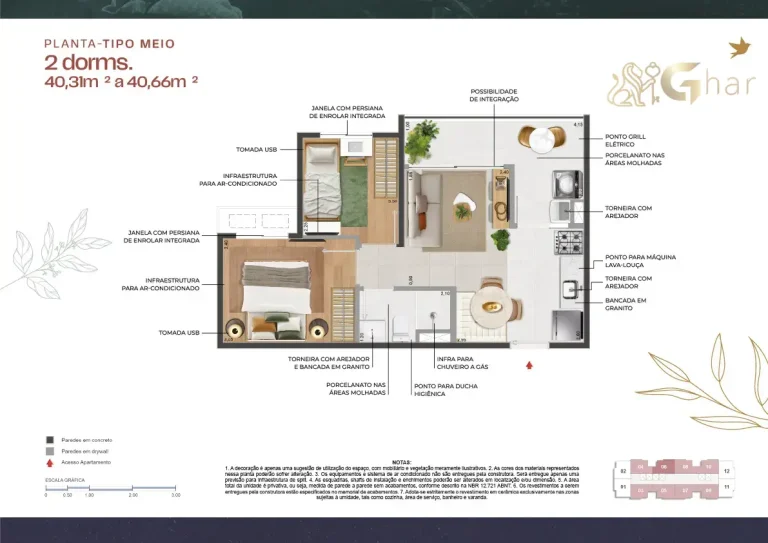 Planta apartamento 40 m² 2 dormitórios no 011 Brooklin Residence