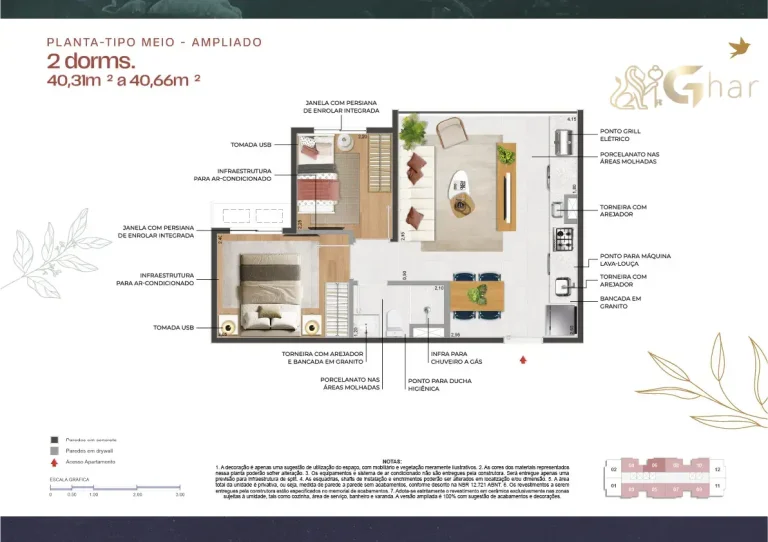 Planta apartamento 40 m² ampliado 2 dormitórios no 011 Brooklin Residence