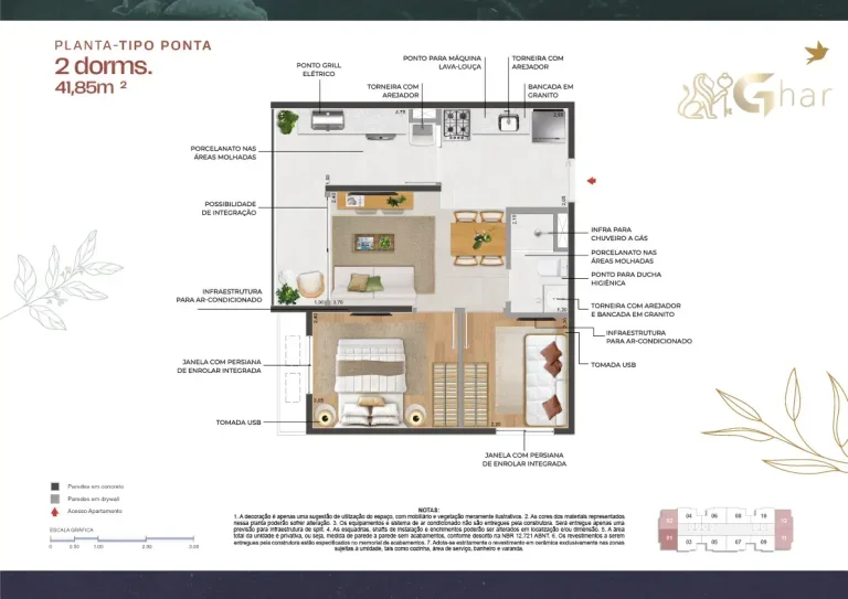 Planta apartamento 41 m² 2 dormitórios no 011 Brooklin Residence