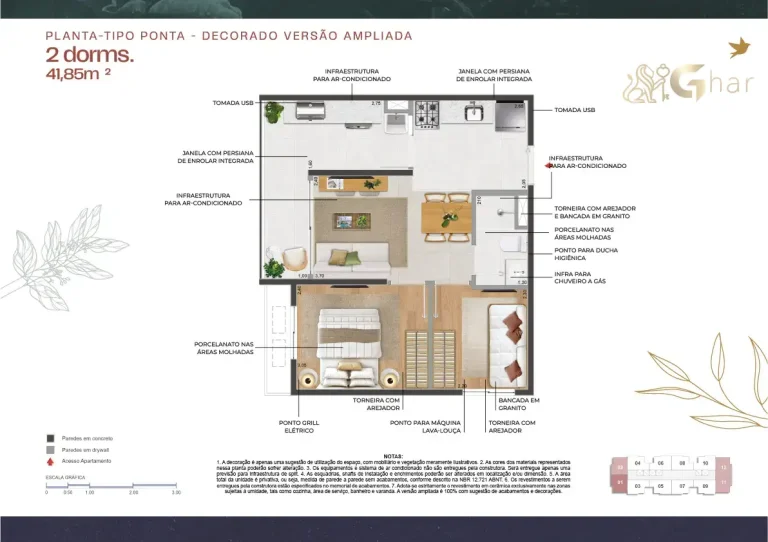 Planta apartamento 41 m² ampliado 2 dormitórios no 011 Brooklin Residence