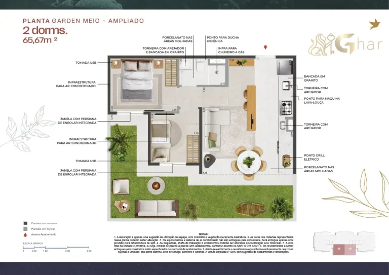 Planta apartamento garden ampliado 65 m² 2 dormitórios no 011 Brooklin Residence