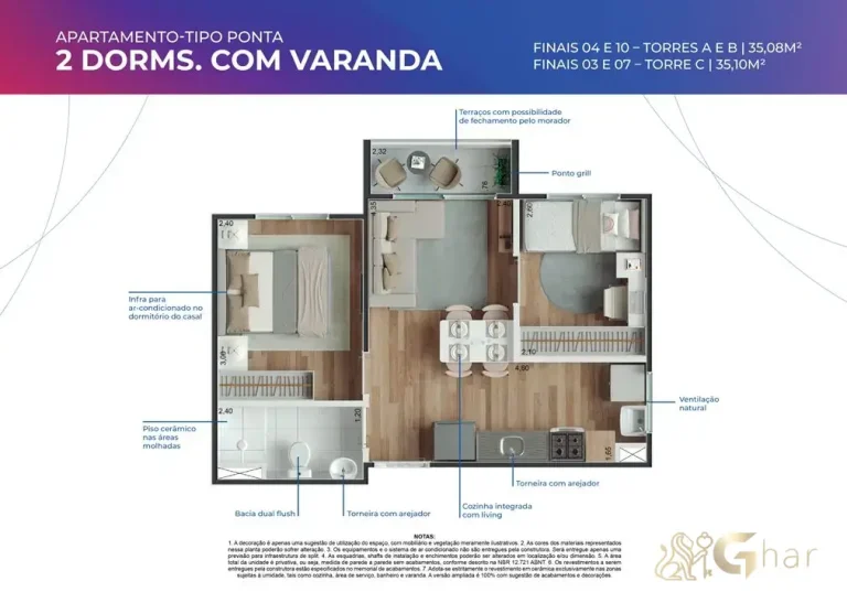 Planta apartamento 35 m² com 2 dormitórios e varanda – Abyatá Santo Amaro