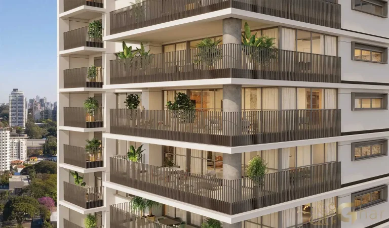 Fachada com varandas amplas no Agami Park Residences Moema