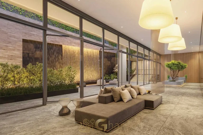 Lobby sofisticado no Agami Park Residences Moema