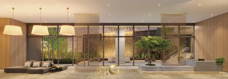 Lobby de luxo no Agami Park Residences Moema em São Paulo