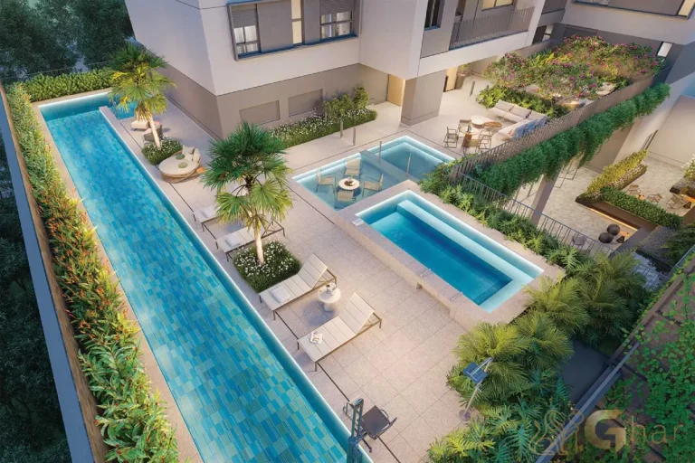 Vista aérea por drone das piscinas do Agami Park Residences Moema em São Paulo