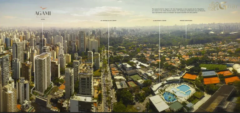 Vista aérea do bairro e do Agami Park Residences Moema em São Paulo
