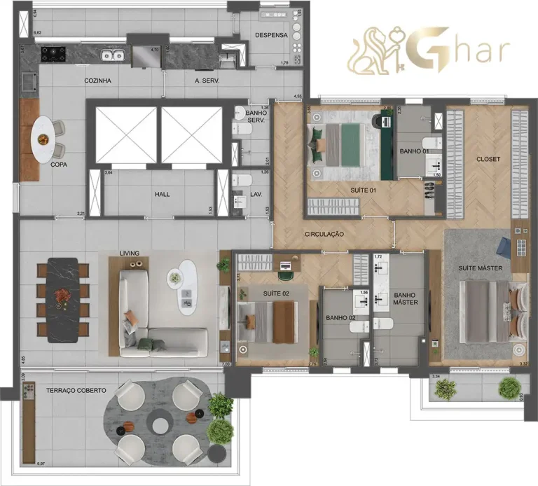 Planta apartamento 215m² com 3 suítes no Agami Park Residences Moema