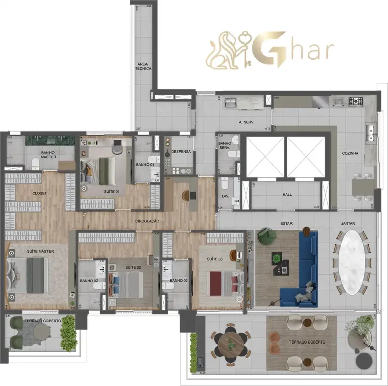 Planta apartamento 290m² com 4 suítes no Agami Park Residences Moema