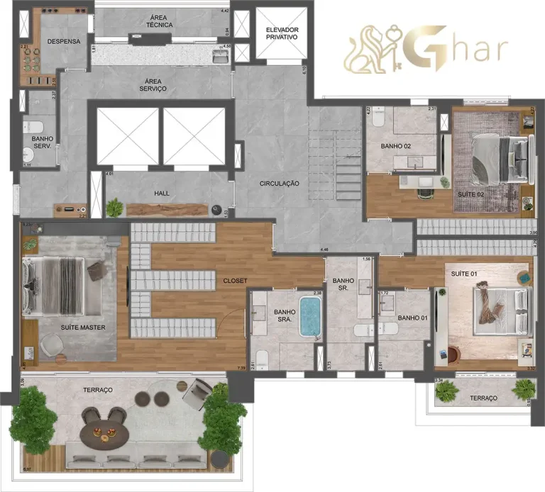 Planta pavimento inferior duplex 420m² no Agami Park Residences Moema