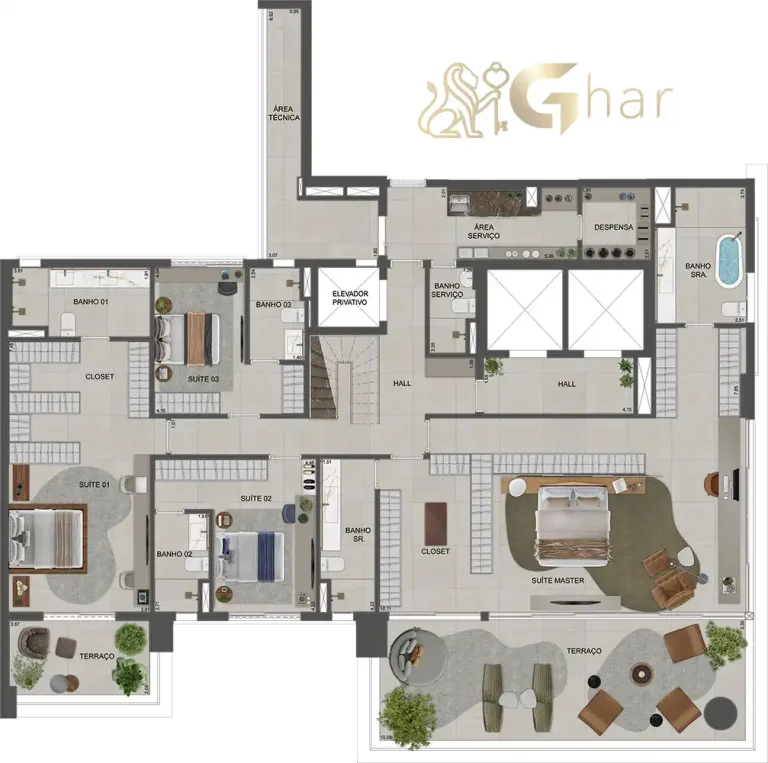 Planta pavimento inferior duplex 571m² no Agami Park Residences Moema