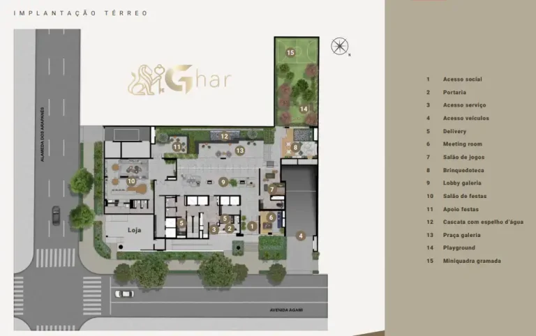 Planta do térreo com lazer no Agami Park Residences Moema