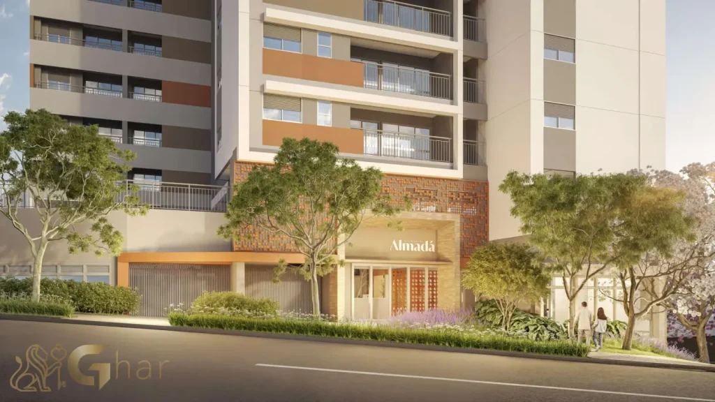 Fachada com portaria do condomínio Almadá Vila Madalena