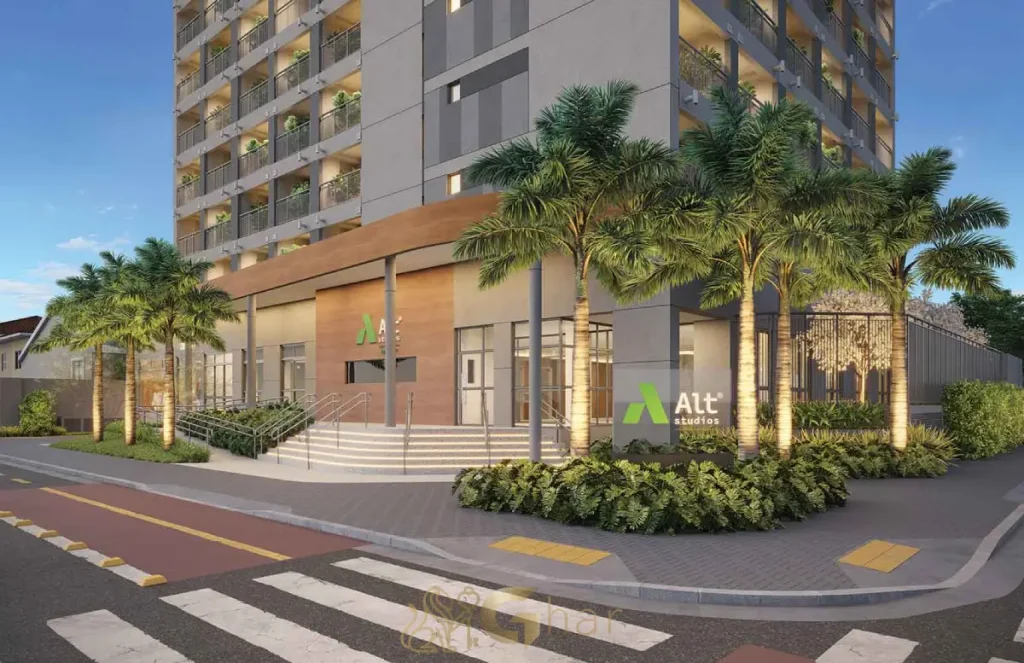 Fachada do Alt Studios by Eztec com lojas voltadas para a rua na Chácara Santo Antônio