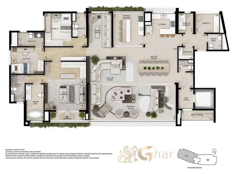 Planta apartamento 262 m² cozinha aberta com ilha no Ampère Brooklin São Paulo