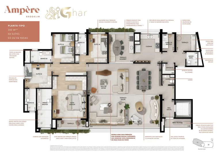 Planta tipo apartamento 262 m² com diferenciais no Ampère Brooklin São Paulo