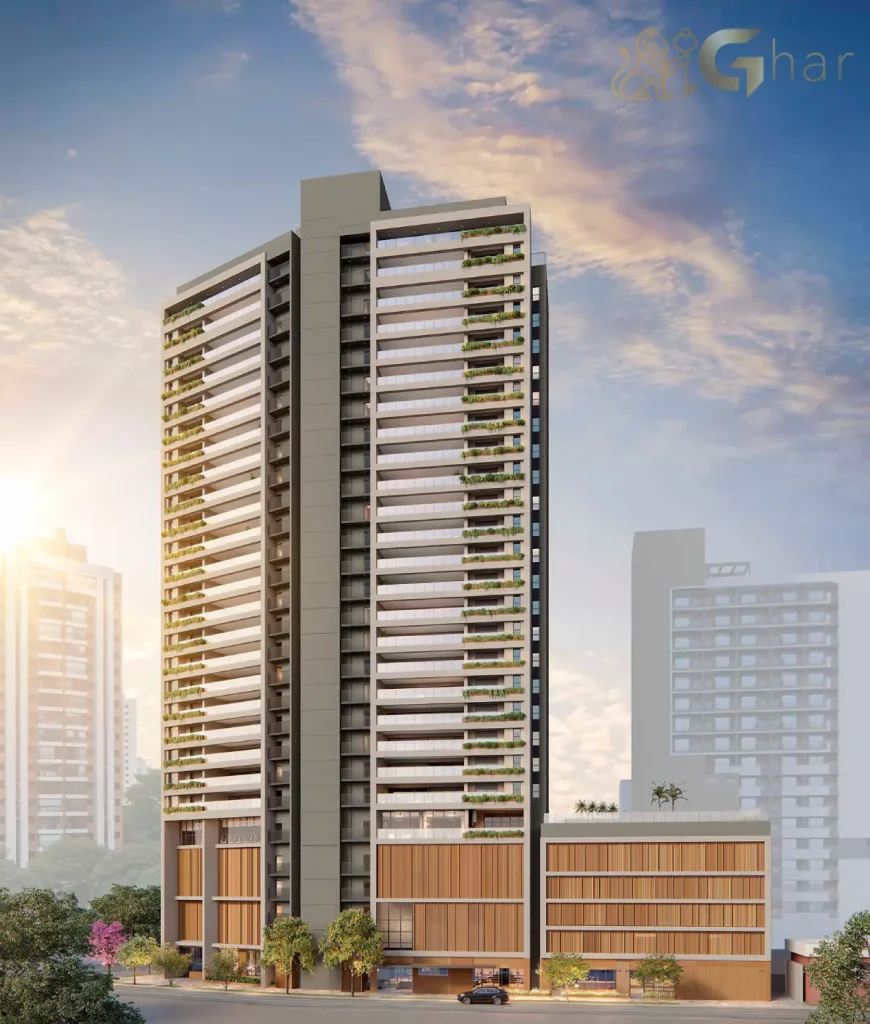 Fachada moderna do condomínio Ampère Brooklin em São Paulo