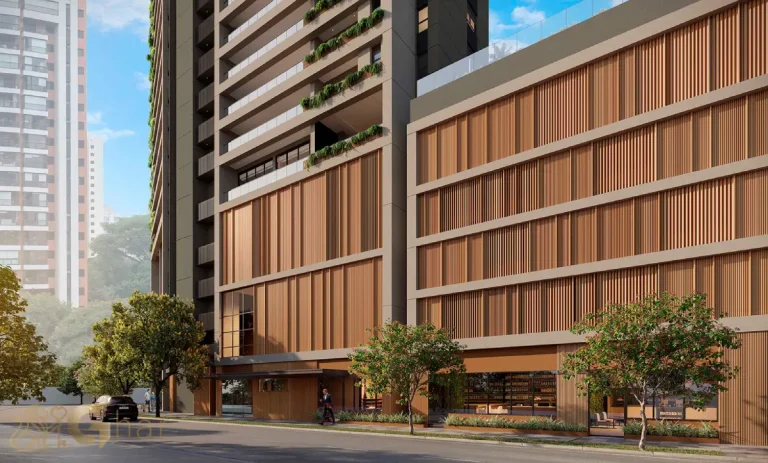 Fachada com acesso de pedestres no condomínio Ampère Brooklin São Paulo