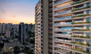 Fachada vista lateral do condomínio Ampère Brooklin em São Paulo