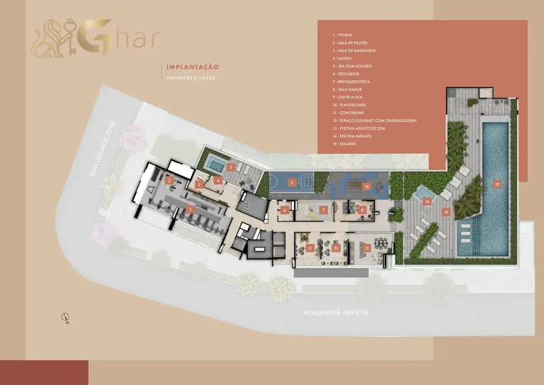 Planta pavimento lazer implantação no Ampère Brooklin São Paulo