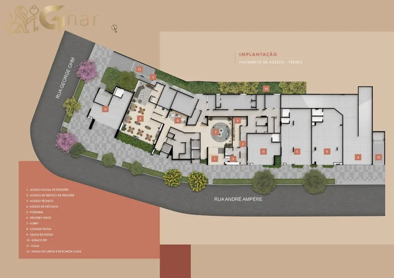 Planta térreo implantação do condomínio Ampère Brooklin São Paulo
