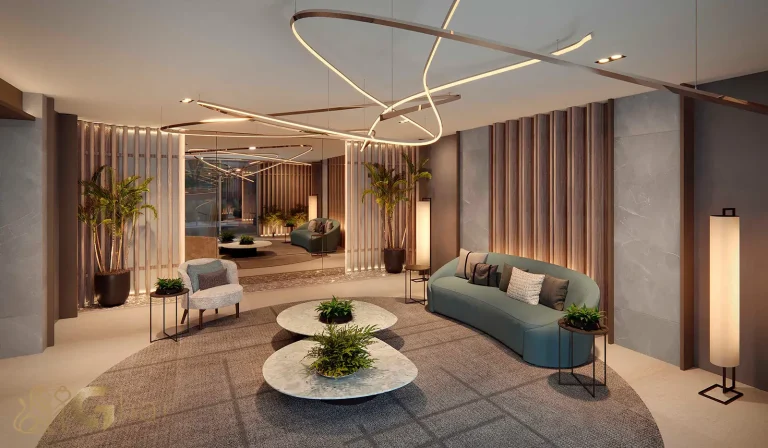 Lobby sofisticado do condomínio Ampère Brooklin em São Paulo