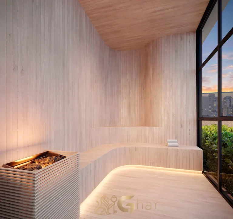 Sauna do condomínio Ampère Brooklin em São Paulo  Título: Ampère Brooklin – Sauna